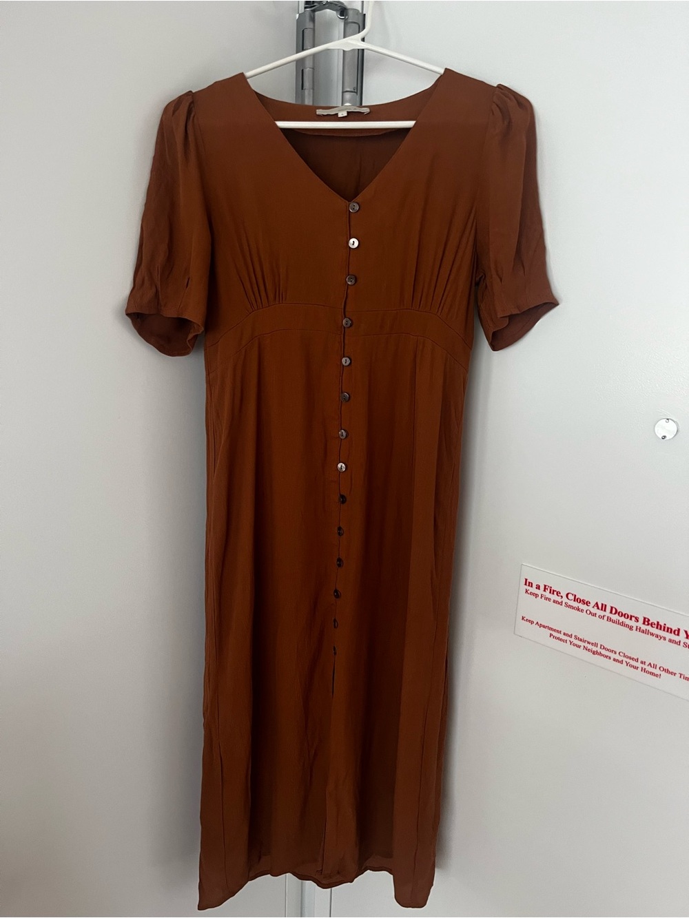 V-Neck Button-Front Midi Dress in Rust